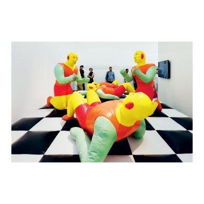 / technoflesh Studio, Safety Measures, 2018. 3D animation, inflatable structure. Installation view at Dutch Pavilion, 16th Venice Architecture Biennale, WORK, BODY, ­LEISURE, curated by the ­Nieuwe­ Instituut and Marina Otero Verzier. Photo: ©Daria Scagliola