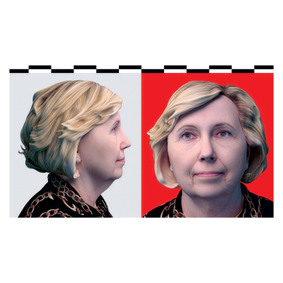 Simone C Niquille / technoflesh Studio, Professional Hillary Clinton lookalike Teresa Barnwell u­ndergoing full-body scanning at Human Engine, Los Angeles. The Fragility of Life, 2017. HD video, 3D animation, 24 min 16 sec. Film still.